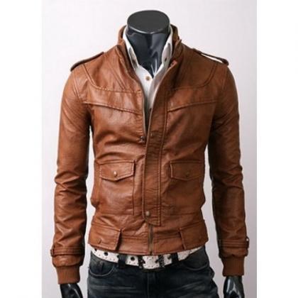 Men Brown Biker Leather Jacket With Classy Rib And..