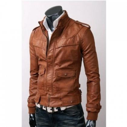 Men Brown Biker Leather Jacket With Classy Rib And..