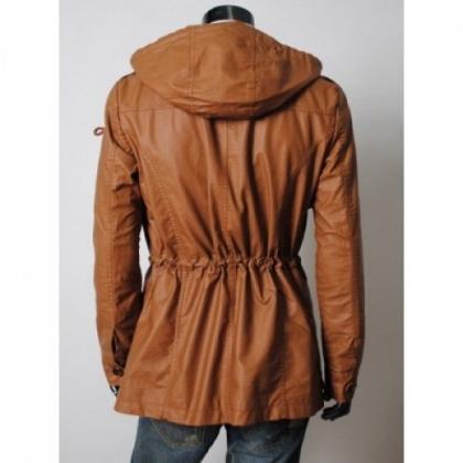 Brown Leather Parka Hooded Coat With Four Front..