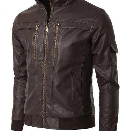 Handmade Men Black Leather Jacket With Front..