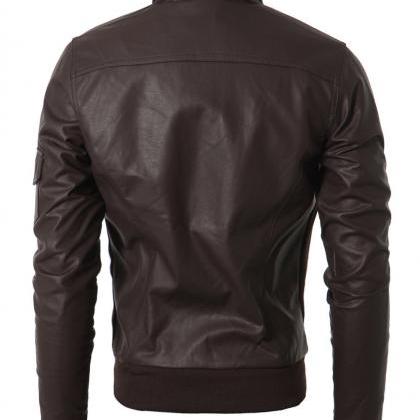 Handmade Men Black Leather Jacket With Front..