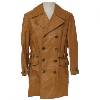 Men Tan Color Leather Coat Double Collar Style..