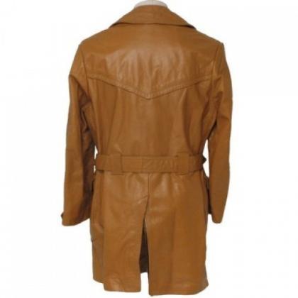 Men Tan Color Leather Coat Double Collar Style..