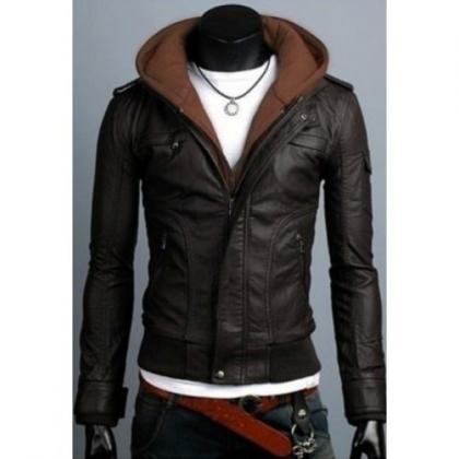 Modish And Brown Hooded Leather Jacket For Men