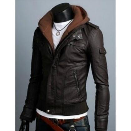Modish And Brown Hooded Leather Jacket For Men