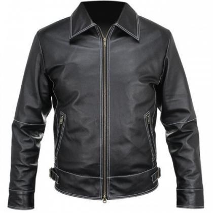 Men Vintage Black Biker Leather Jacket With White..