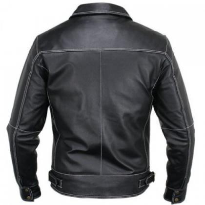 Men Vintage Black Biker Leather Jacket With White..