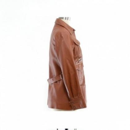 Brown Leather Coat For Women With Six Front..