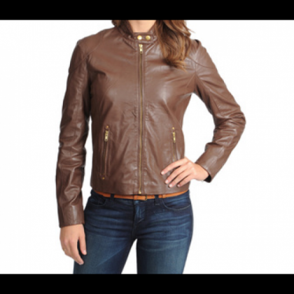 Milky Chocolate Nappa Leather Jacket For Women