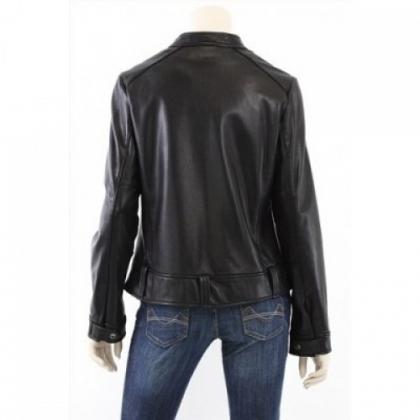 Women Black Biker Jacket With Real Leather