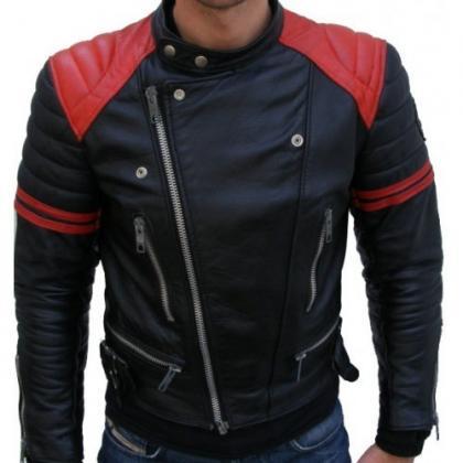 Reddish Stripped Black Leather Jacket For Men
