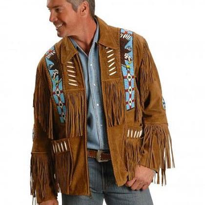 Eagle Bead Fringed Brown Suede Western Cowboy Men..