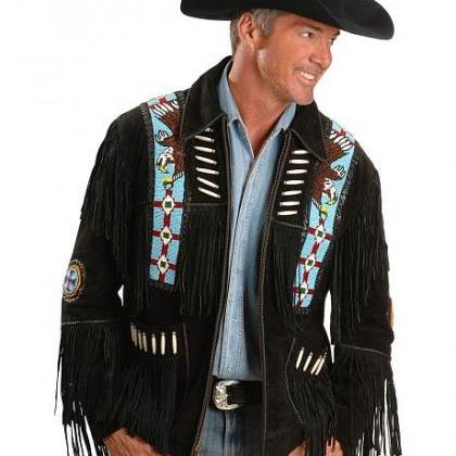 Eagle Bead Fringed Suede Western Cowboy Men Black..