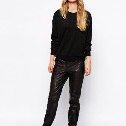 Sexy Women Black Leather Pants - Genuine Leather