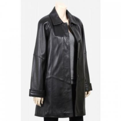 Classic Black Four Button Long Women Leather Coat
