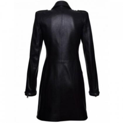Black Beauty Long Leather Coat For Women
