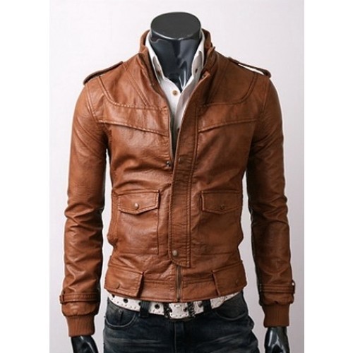 Men Brown Biker Leather Jacket With Classy Rib And Front Pockets