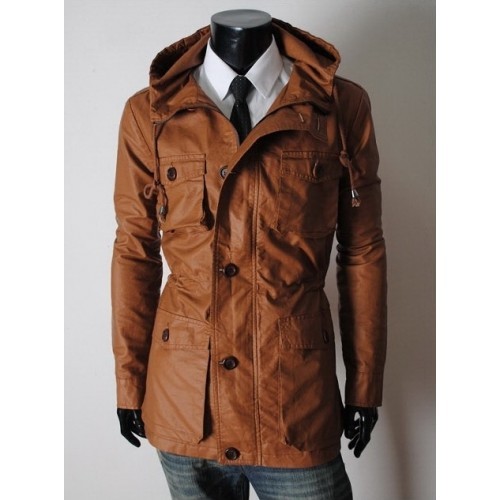Brown Leather Parka Hooded Coat With Four Front Flap Pockets