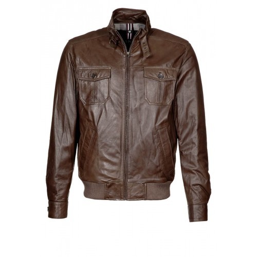 Men Brown Zip Up Bomber Biker Leather Jacket
