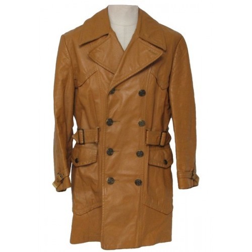 Men Tan Color Leather Coat Double Collar Style Belted At Waist And On Cuffs