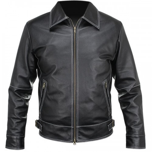 Men Vintage Black Biker Leather Jacket With White Stitching