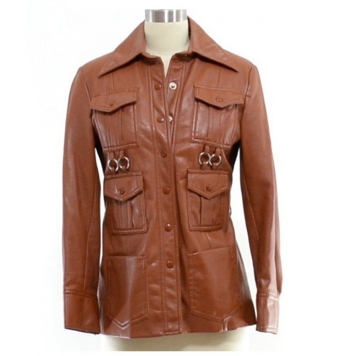 Brown Leather Coat For Women With Six Front Pockets