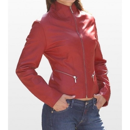 Modern And Trendy Red Colored Handmade Leather Jacket For Women