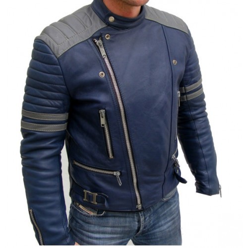 Comforting Blue Colored Handmade Leather Jacket For Men