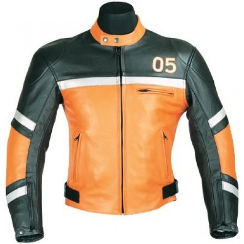 Men's Simple Style Black & Orange Biker Motorcycle Leather Jacket