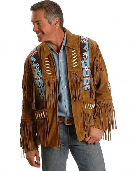Eagle Bead Fringed Brown Suede Western Cowboy Men Brwon Leather Jacket