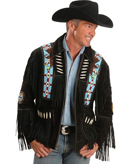 Eagle Bead Fringed Suede Western Cowboy Men Black Leather Jacket