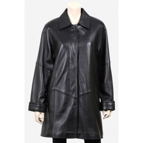 Classic Black Four Button Long Women Leather Coat